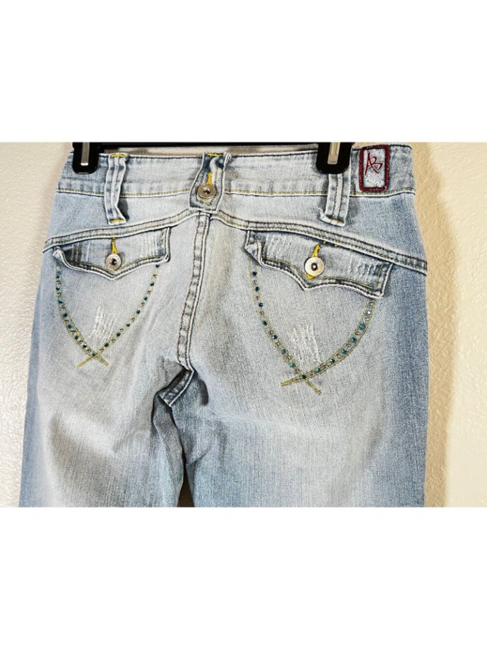 Ab Womens Boot Cut Jeans Blue Juniors 7 Distressed Rhinestone Light Low Rise Y2K - Picture 7 of 11